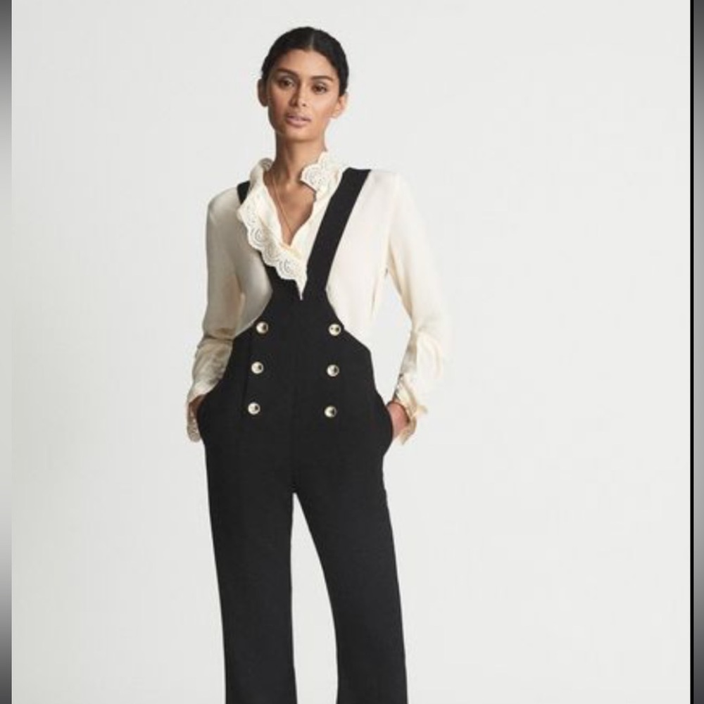 Reiss Black Gold-Button Wide-Leg Dungaree Jumpsuit - Picture 2 of 7